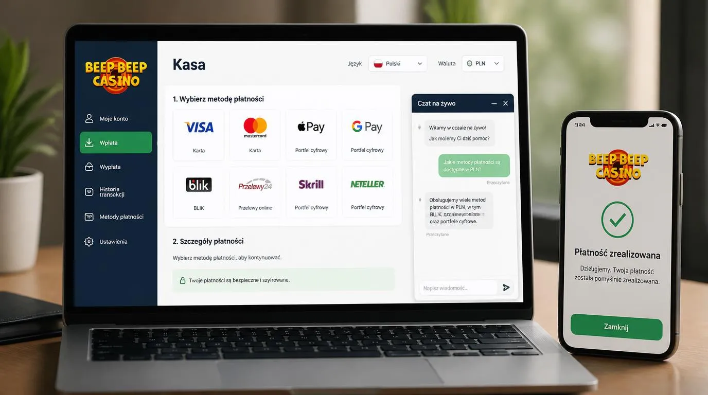 Widok kasy kasyna z wyborem języka polskiego, waluty PLN i metody płatności oraz oknem czatu