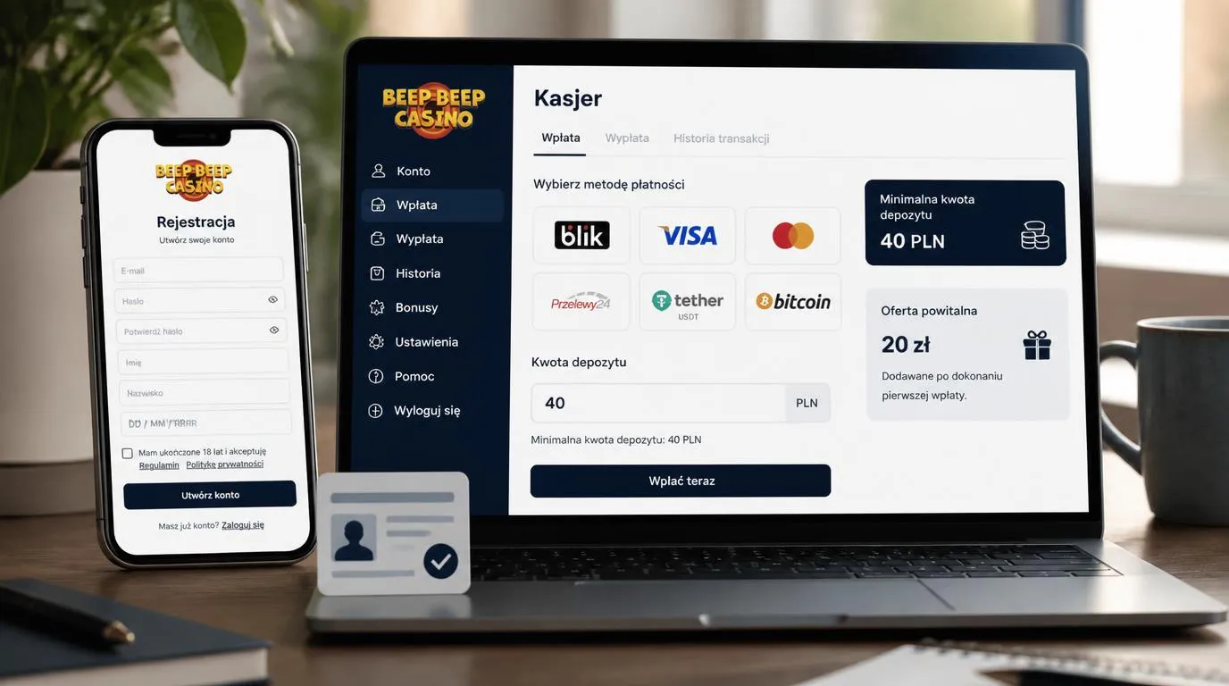 Telefon z formularzem rejestracji i ekranem kasy pokazującym metody wpłaty oraz warunki oferty