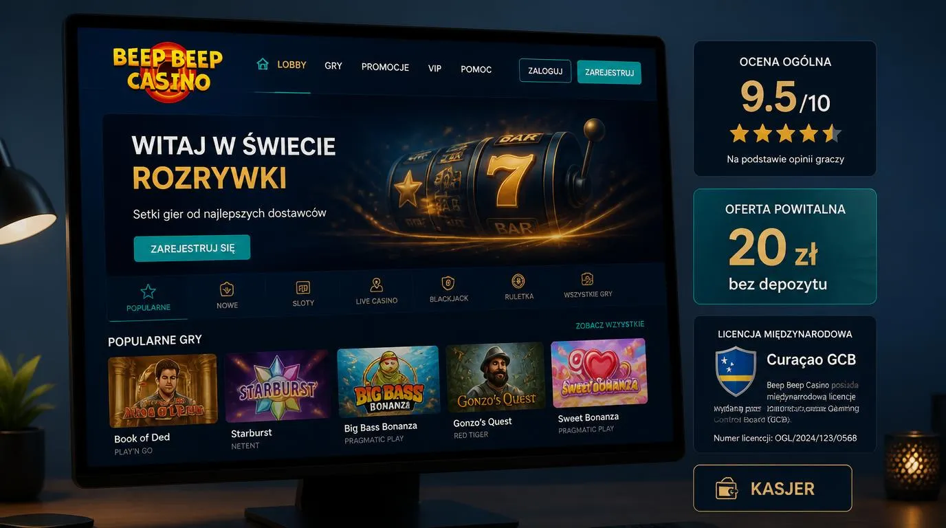 Ekran kasyna z oceną 9,5/10, informacją o licencji Curaçao i ofertą 20 zł bez depozytu