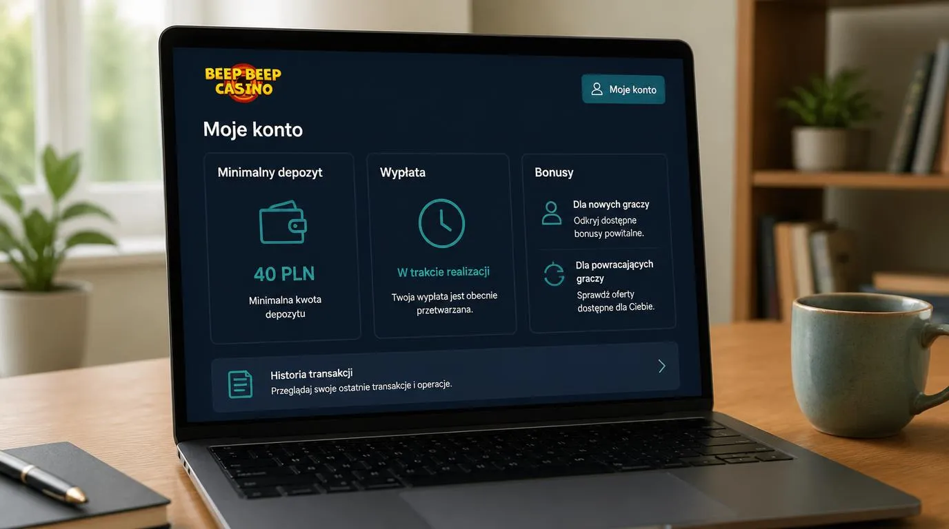 Panel kasyna na laptopie z wpłatą 40 PLN, statusem wypłaty i ofertami bonusowymi