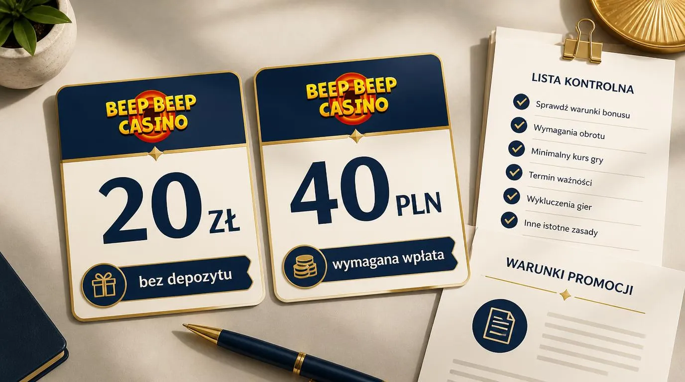 Dwie karty oferty powitalnej z kwotami 20 zł bez depozytu i 40 PLN wymaganej wpłaty